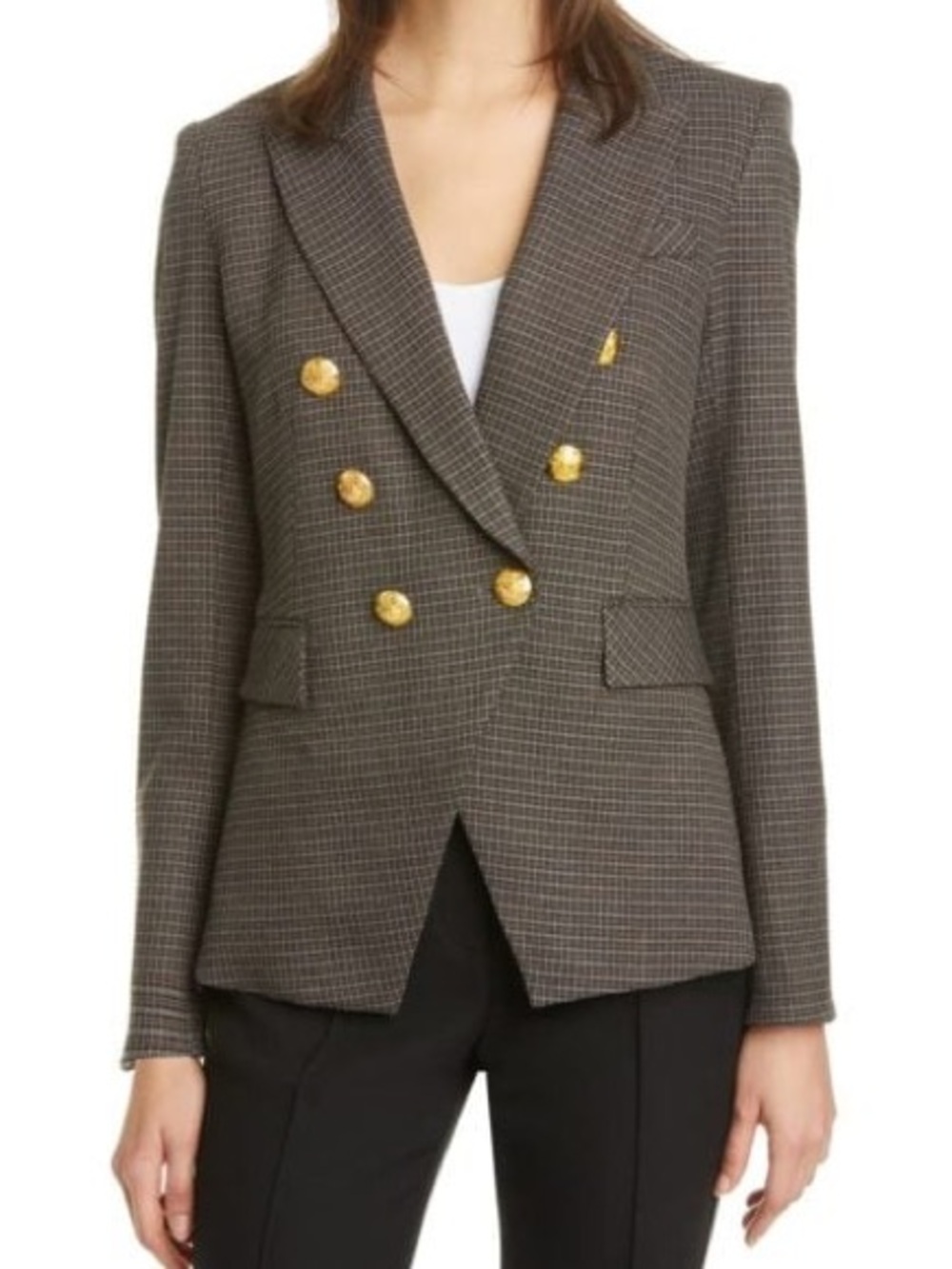 Veronica Beard Brown Plaid Double-Breasted Blazer with Gold Buttons